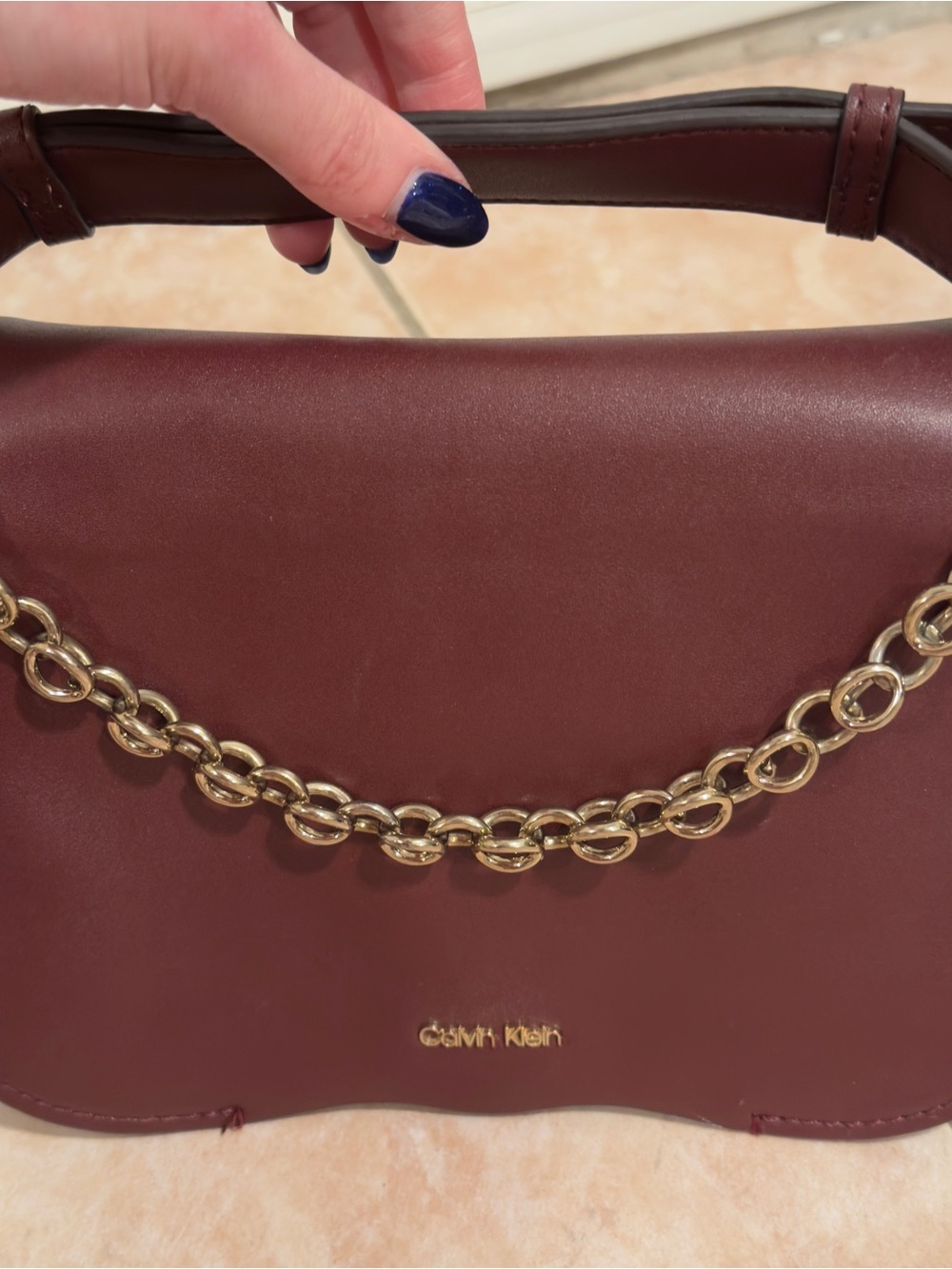 Calvin Klein Wine Leather Crossbody Bag with Gold Chain